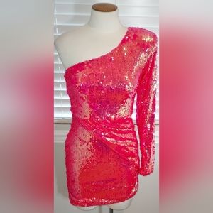 Akira Bright Pink Sequined One Shoulder Party/Evening Dress NWOT